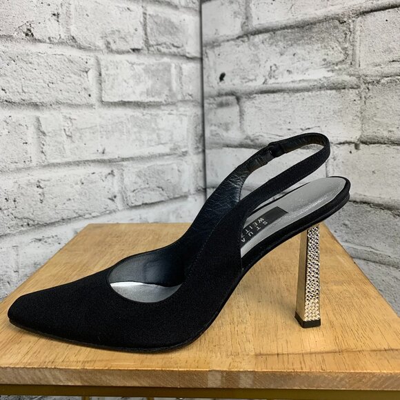 Vintage 90s Stuart Weitzman Pointed Toe Rhinestone Stiletto Heel Sling Back Pump - Picture 1 of 13